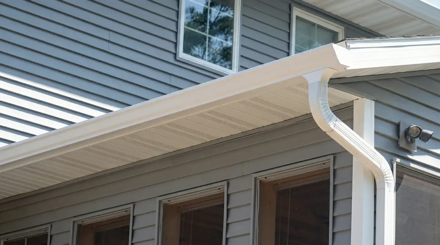 Professional home remodeling project showing newly installed white seamless gutters and downspouts on a house with gray siding in Tampa, FL