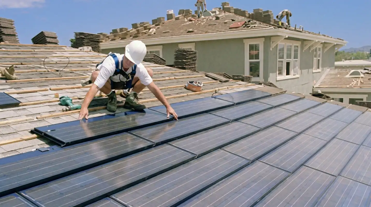 Roof replacement expert installing modern solar shingles on a residential home in Tampa, FL