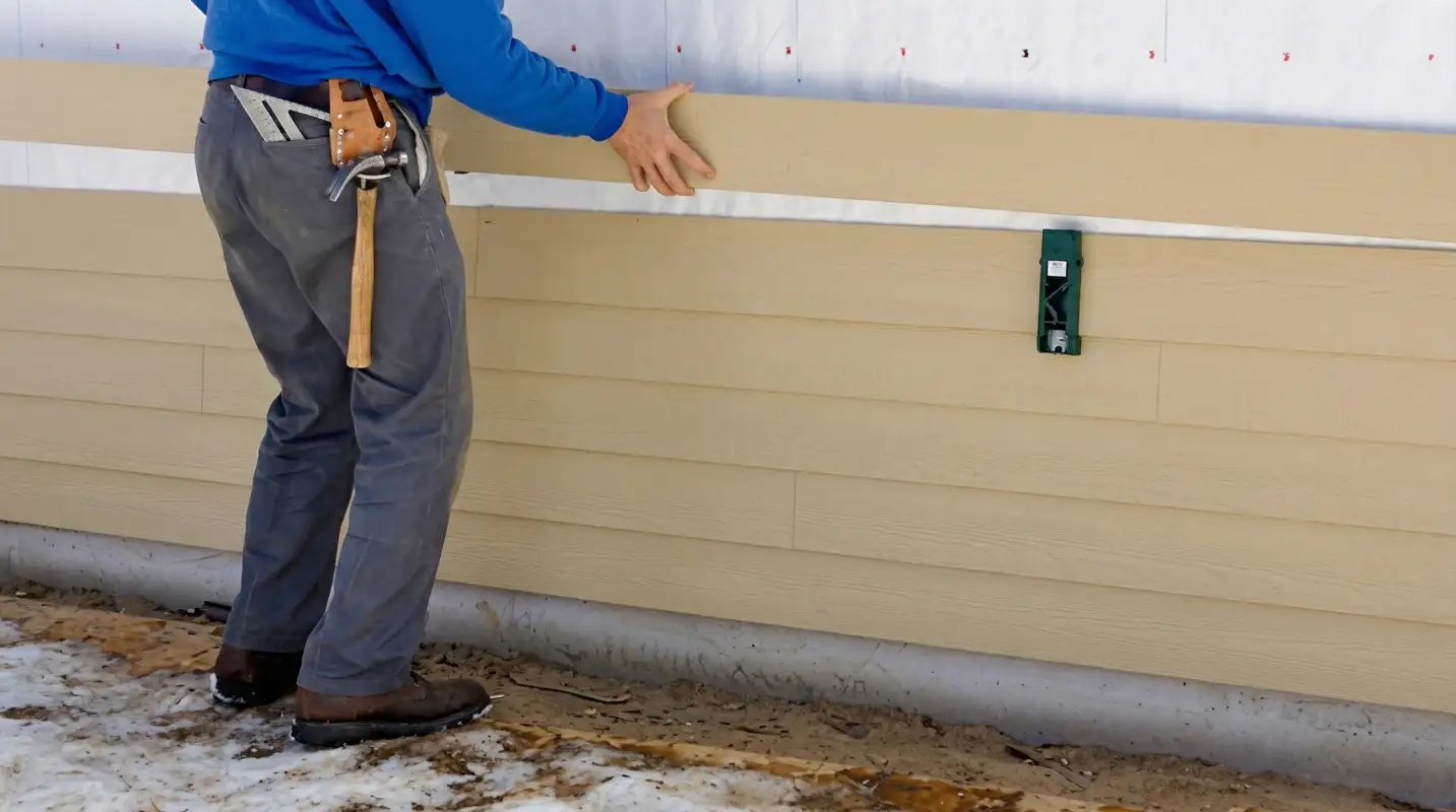 Siding replacement expert carefully aligning a new tan siding panel onto a residential exterior wall in Tampa, FL