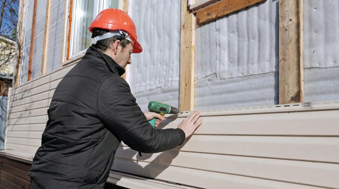 Siding replacement professional using a power drill to install new tan vinyl siding on a home exterior in Tampa, FL