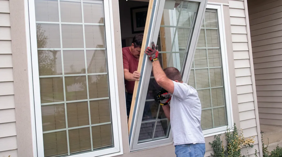 Professional home remodeling team installing a large replacement window on a house with tan siding in Tampa, FL