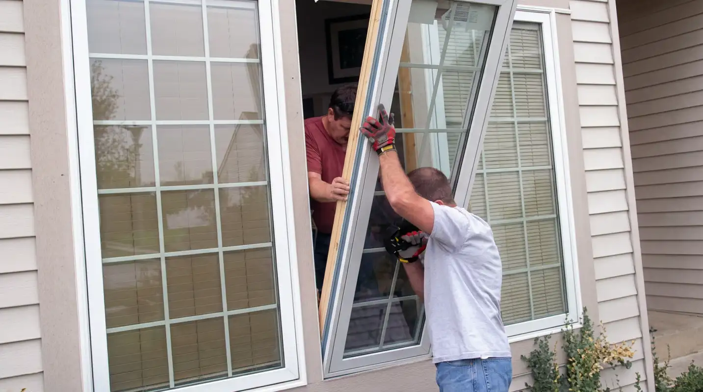 Professional home remodeling team installing a large replacement window on a house with tan siding in Tampa, FL